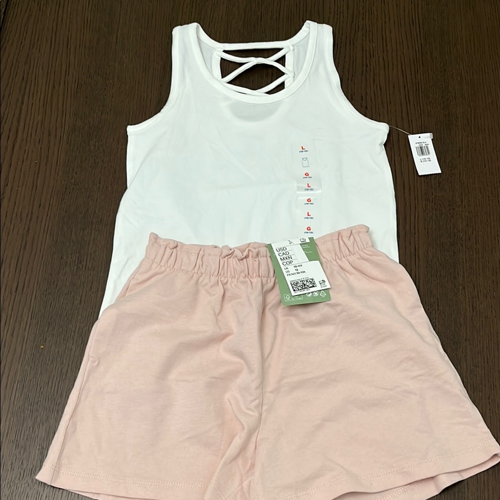 (NWT) Old Navy Sleeveless White Tank Top & H&M Pink Gartered Shorts, Size 10/12